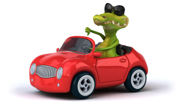 aligator driving red car giving thumbs down